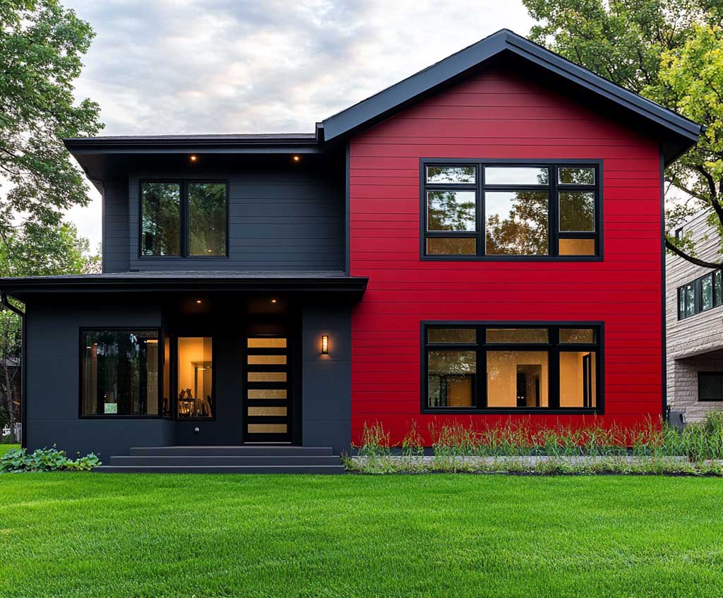 A close-up of a modern two-story home with striking charcoal siding on the main structure and bold red siding featured on the accent walls. The house includes black-framed windows, a charcoal roof, and minimalistic exterior lighting. The lush green lawn in front of the house contrasts beautifully with the dramatic color scheme.