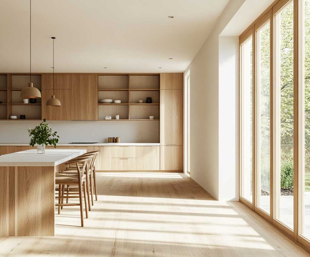 A contemporary wood kitchen door with light oak finish, minimalist handles, and smooth surfaces. The door leads to a clean, Scandinavian-inspired kitchen with light wood cabinets, white quartz countertops, and a minimalist dining area. Sunlight filters through large windows, highlighting the natural grain of the wood.