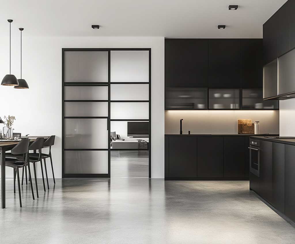 A sleek black metal kitchen door with slim, matte frames and large frosted glass inserts. The kitchen is modern with matte black cabinetry, industrial lighting, and polished concrete floors. The metal door contrasts boldly with white walls and minimalistic decor, emphasizing strength and style.