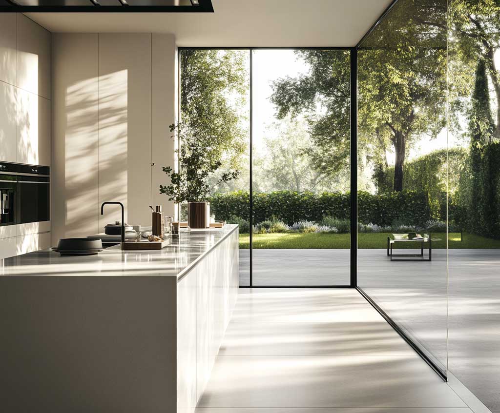 A sleek, frameless glass kitchen door with transparent panels, set in a modern open-concept kitchen. The kitchen features smooth white countertops, matte black fixtures, and minimalist decor. Sunlight floods the space through large windows, creating a bright, airy atmosphere with clean lines and soft natural shadows.