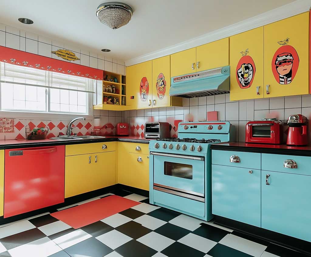 A vibrant retro kitchen with bold pop art posters adorning the walls. The posters feature bright colors like red, yellow, and blue, with comic-style illustrations and vintage typography. The kitchen has classic checkered black-and-white flooring, retro appliances in pastel colors, and a glossy red backsplash. Natural light enhances the lively atmosphere.