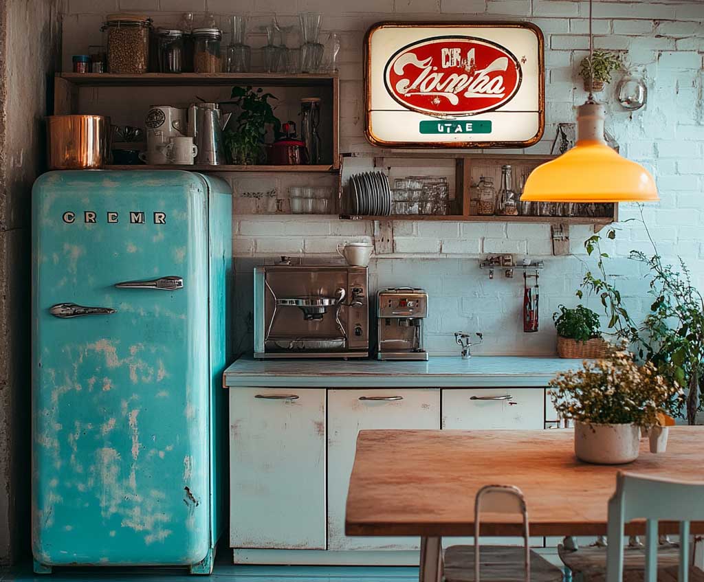 A cozy retro kitchen featuring vintage metal signs with classic logos and slogans hanging on the walls. The signs showcase faded colors like turquoise, yellow, and rusted red, giving a weathered, nostalgic feel. The kitchen has pastel-colored cabinets, a classic fridge, and retro lighting fixtures, with the warm glow highlighting the rustic texture of the signs.