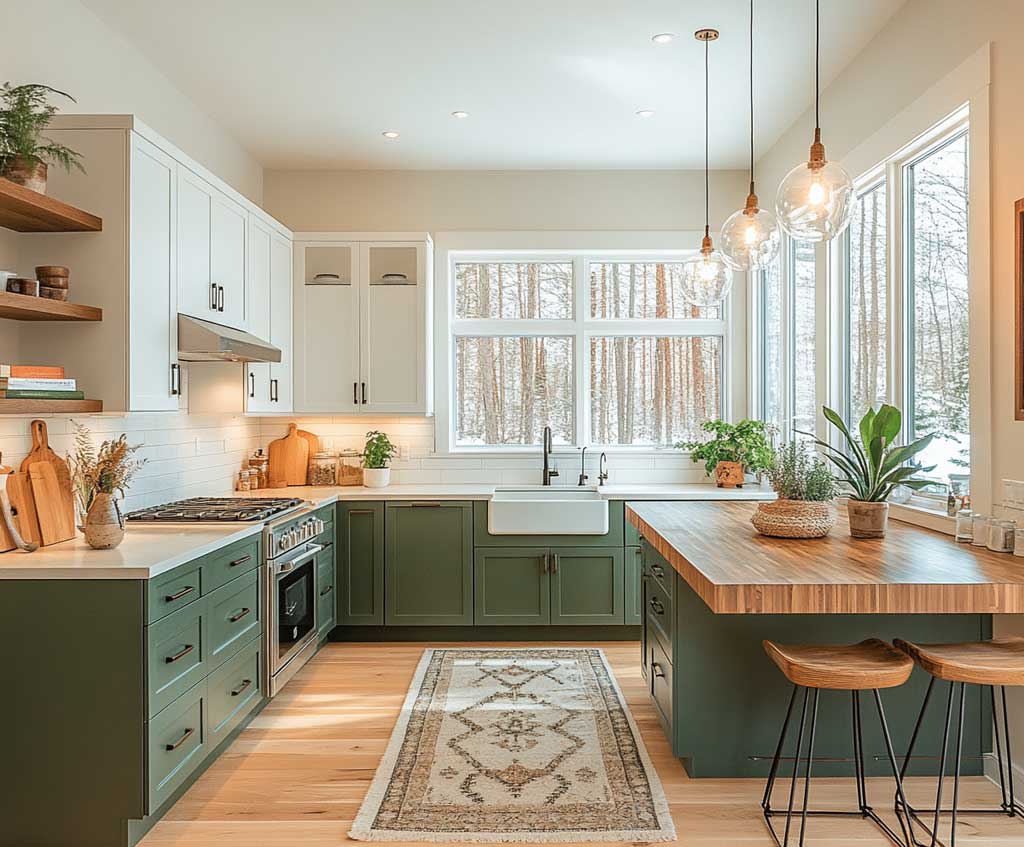 A cozy L-shaped kitchen featuring matte white cabinetry and olive green lower cabinets. Soft lighting highlights the wood countertop, while potted plants add a touch of nature. The room is spacious, with large windows and a comfortable dining nook in the corner with a matching green accent wall.