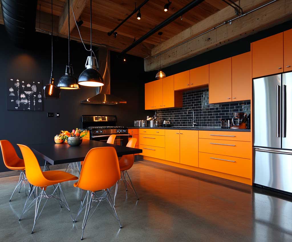 A sleek L-shaped kitchen with vibrant, matte orange cabinets and glossy black countertops. A black backsplash runs the length of the kitchen wall, complemented by stainless steel appliances. The floor is polished concrete, and pendant lights hang above a small black dining table with orange chairs.