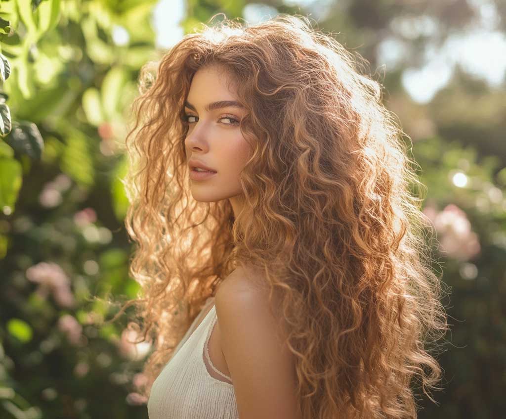 A woman with soft, long curly hair styled in loose waves, glowing with golden highlights under natural sunlight. Her hair is voluminous and bouncy, framing her face with effortless elegance. The setting is an outdoor garden filled with soft green foliage and flowers, creating a serene backdrop that enhances the golden tones in her hair. The overall mood is light, natural, and airy, evoking feelings of summer and warmth.