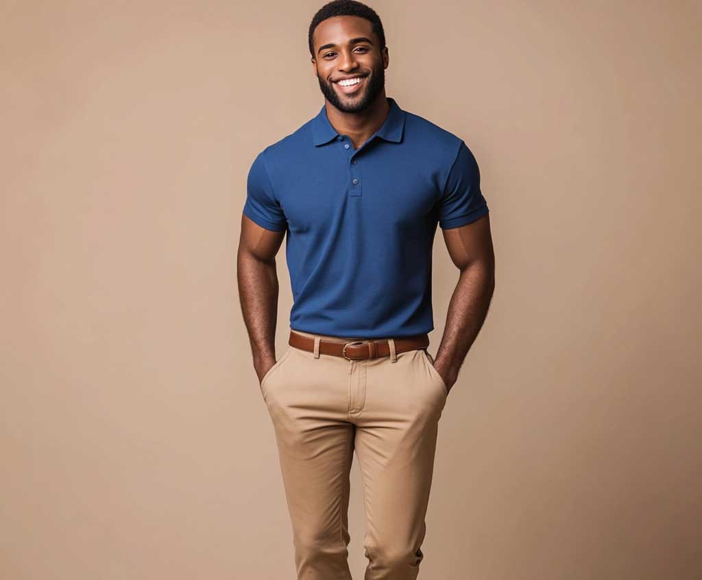 Blue polo and khaki shops pants