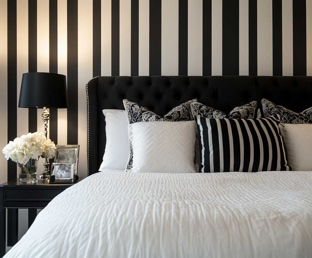 A cozy yet refined bedroom featuring black and white striped wallpaper. The stripes are wide, alternating between matte black and crisp white, covering one feature wall behind a tufted headboard. The room has a mix of modern and classic furnishings, with soft lighting casting warm shadows on the wallpaper. Style: classic contemporary, soft lighting, cozy elegance.
