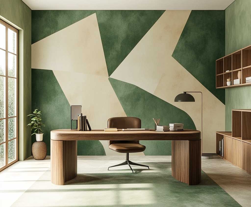A modern home office with bold geometric green and beige wallpaper. The wallpaper features large, angular shapes in varying shades of green and beige, creating a striking and contemporary look. The room is furnished with a sleek wooden desk, a modern chair, and minimal accessories, emphasizing the boldness of the wallpaper design. Style: bold geometric, contemporary, natural tones, office setting.