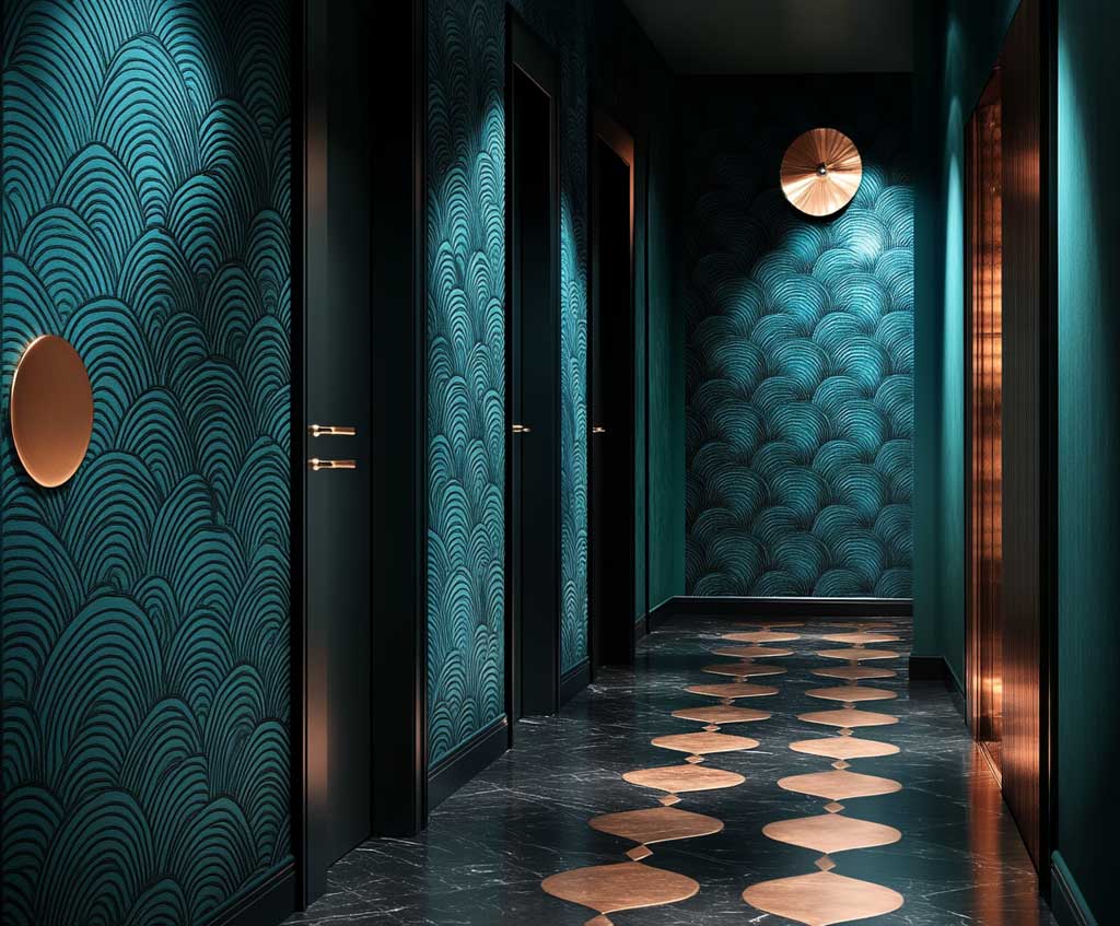 A glamorous hallway with Art Deco-inspired teal and copper wallpaper. The wallpaper features bold, geometric copper patterns on a dark teal background, creating a dramatic and stylish look. The hallway is illuminated with Art Deco lighting fixtures, and the floor is tiled in a sleek black-and-white design, emphasizing the elegance of the wallpaper. Style: Art Deco glamour, bold geometric patterns, dramatic lighting, luxurious interior.