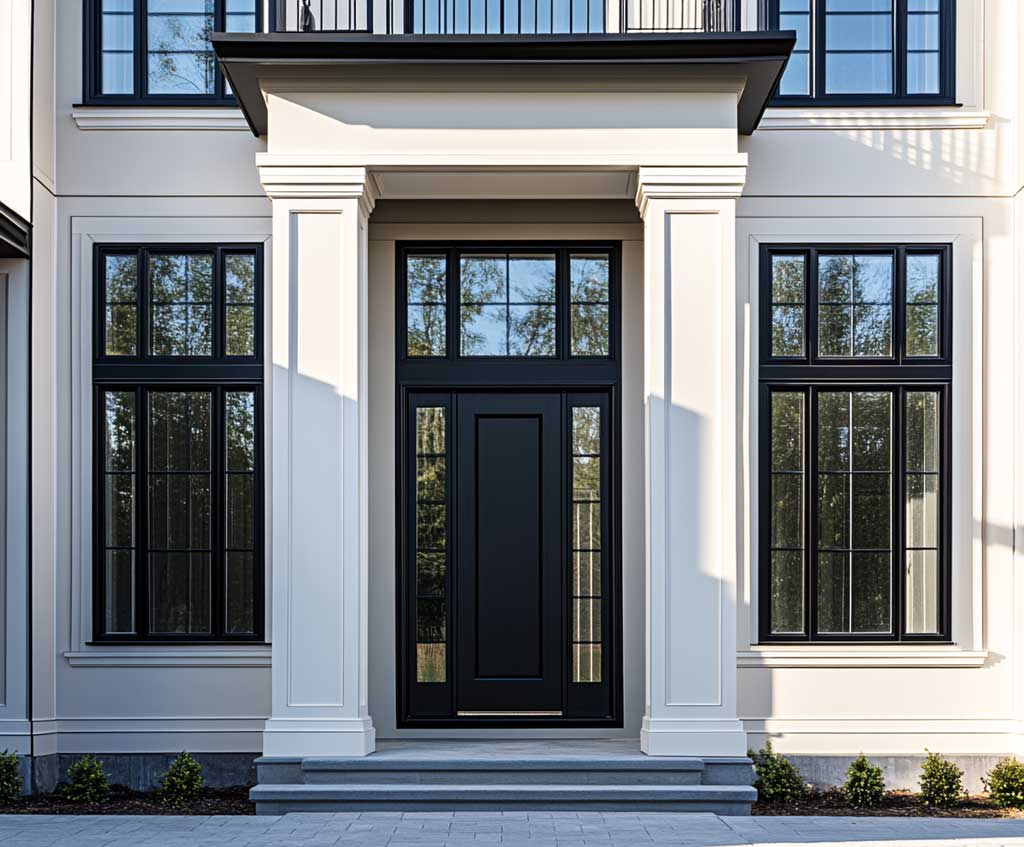 A modern classic house facade with symmetrical black molding around two large windows and a central door. The scene is framed to show the perfect alignment of the windows and door, highlighting the crisp black molding against a light gray exterior. The image is taken at a close angle to capture the clean lines and balance of the design, with soft shadows from afternoon sunlight enhancing the architectural details.
