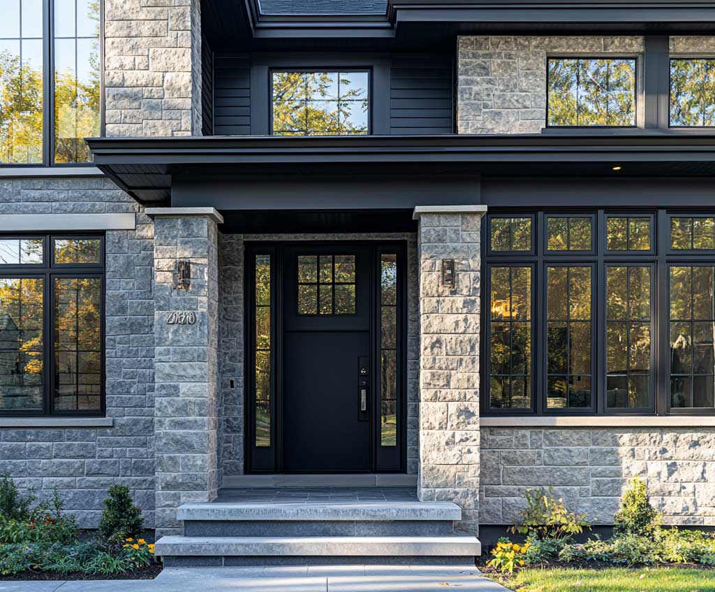A modern classic house with black molding around windows, paired with a stone accent wall and a solid black front door. Captured from a close angle to showcase the windows, door, and textured stone wall, the image highlights the bold contrast between the black molding and the natural stone elements. Soft lighting casts shadows that enhance the depth and texture of the materials, creating a sophisticated and modern feel.