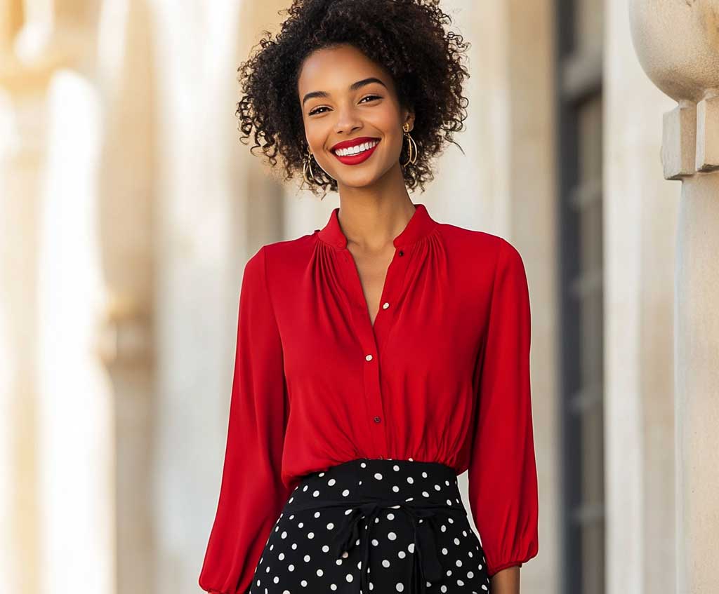 Red blouse with white polka dots online