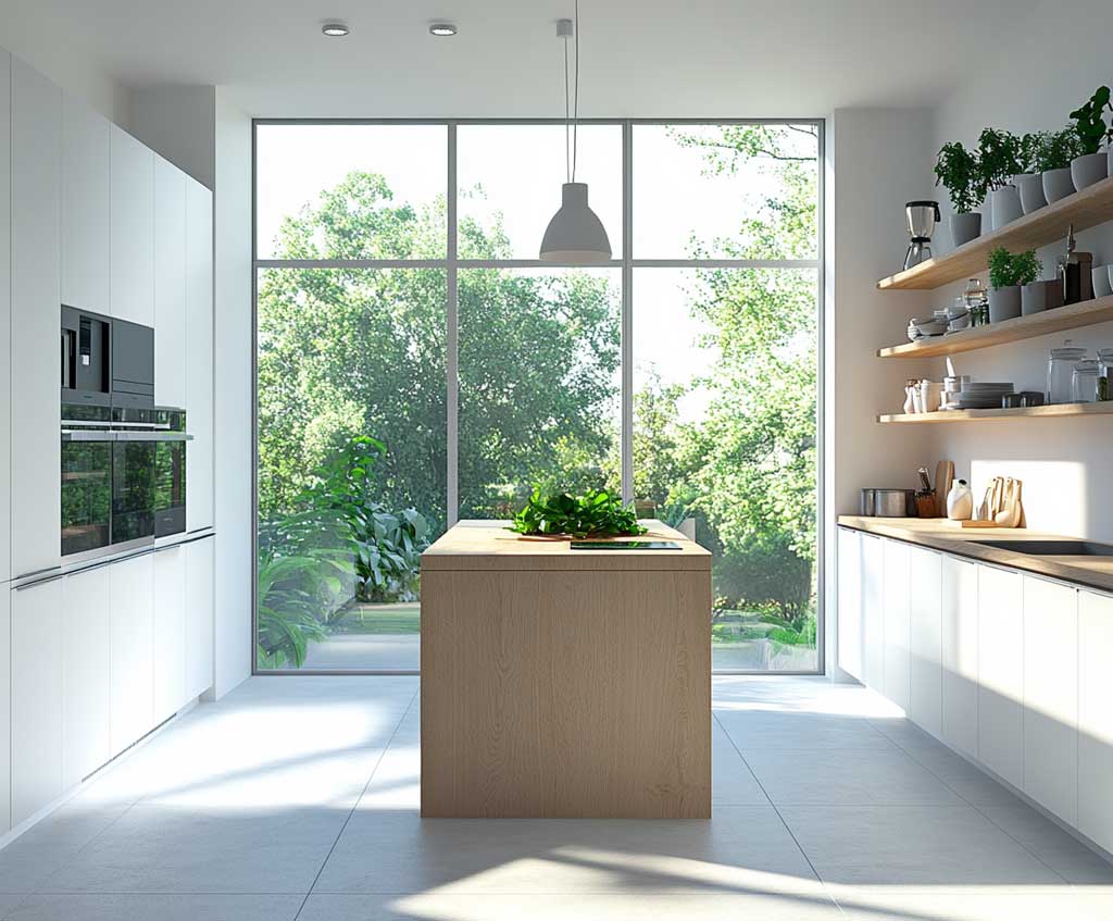 A minimalist kitchen featuring a small light oak island with open shelving, surrounded by white cabinetry, sleek countertops, and large windows letting in natural light, in a modern setting – photorealistic, high-resolution.