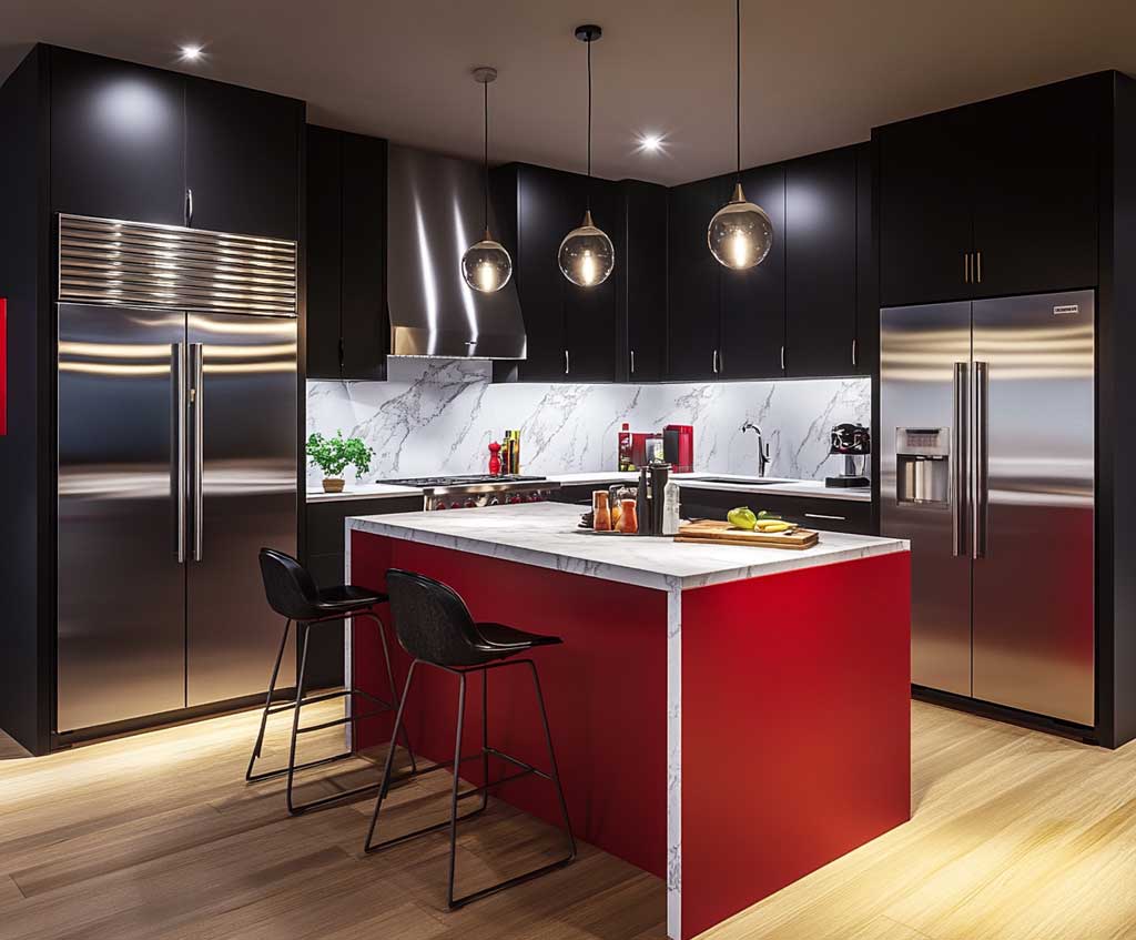 Modern Red Island with Matte Finish and Marble Countertop - 3