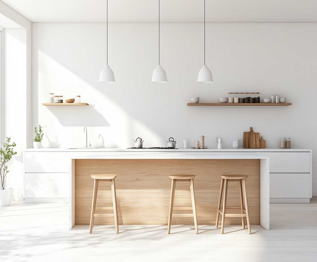 A Scandinavian-inspired kitchen with a small light oak island featuring integrated seating, paired with white walls, minimalist decor, and soft pendant lighting, in a bright and airy space – photorealistic, high-resolution.
