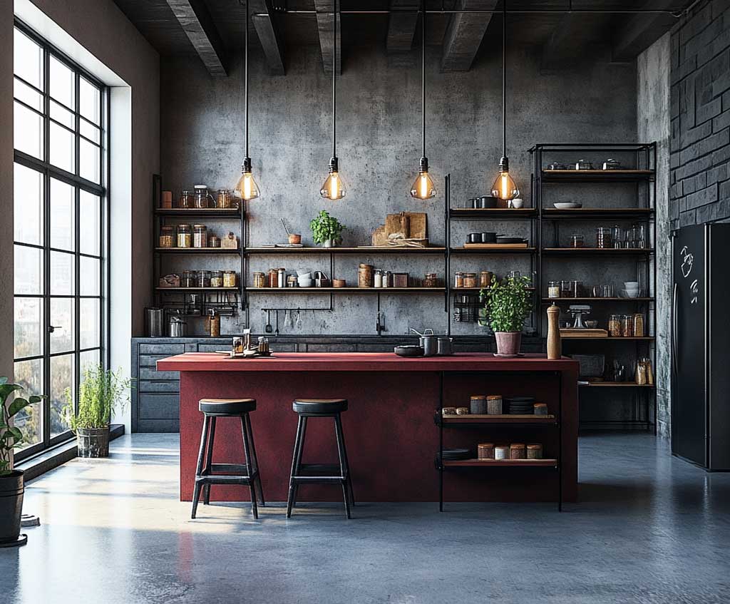 Industrial Red Kitchen Island with Metal Accents - 3