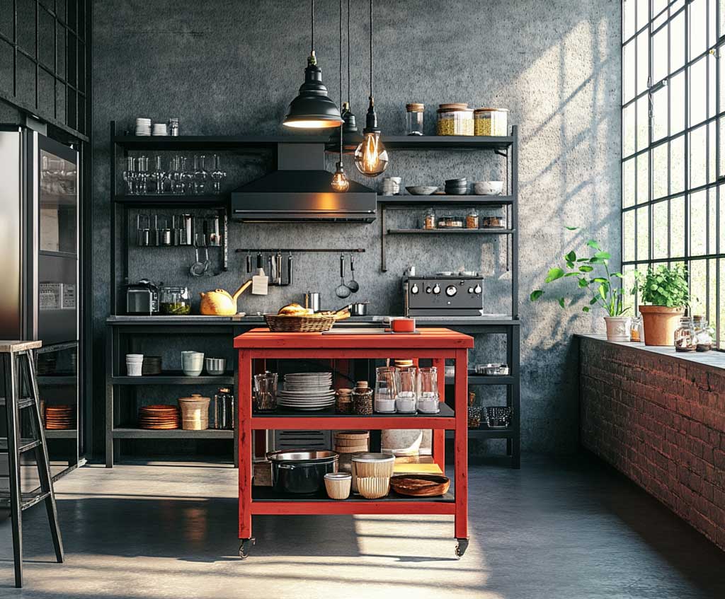 Industrial Red Kitchen Island with Metal Accents