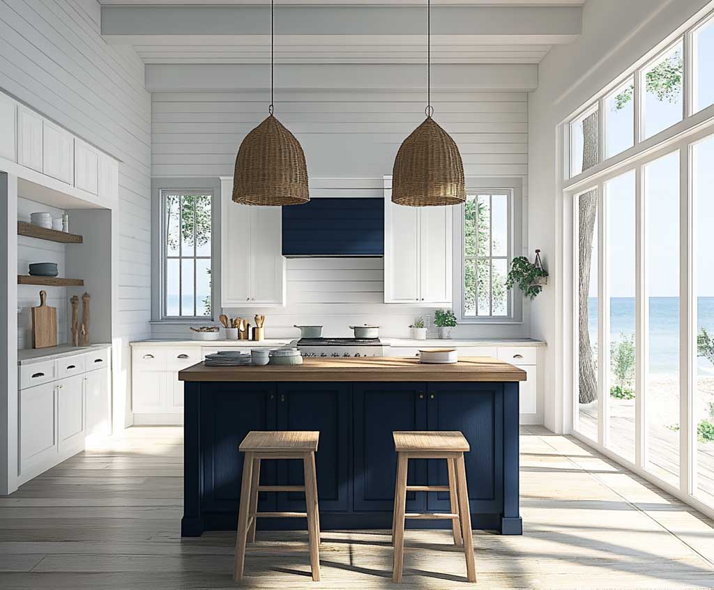 A coastal-themed kitchen with a compact navy blue island featuring light wood accents, surrounded by white cabinetry, ocean-inspired decor, and large windows letting in natural light – photorealistic, high-resolution.
