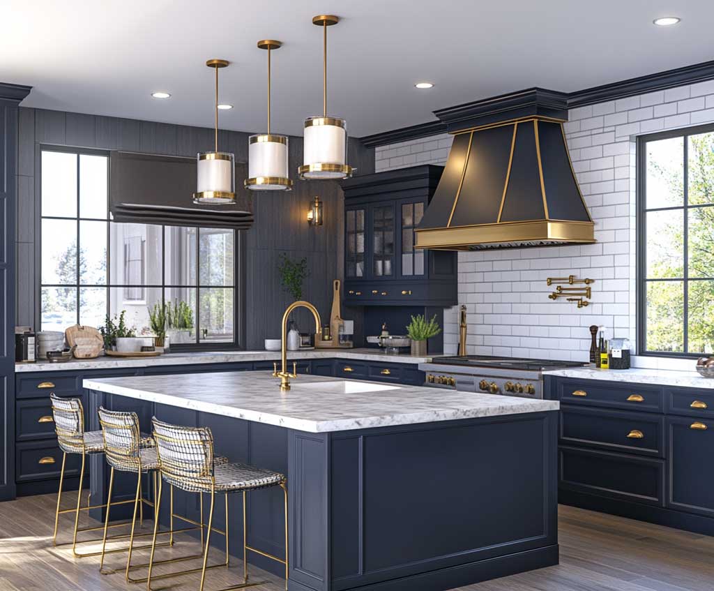 A sleek, modern kitchen with a compact navy blue island featuring brass hardware, paired with marble countertops, white subway tile backsplash, and contemporary lighting fixtures – photorealistic, high-resolution.
