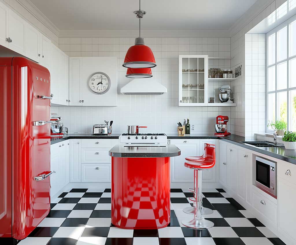 Retro Red Kitchen Island with Glossy Finish