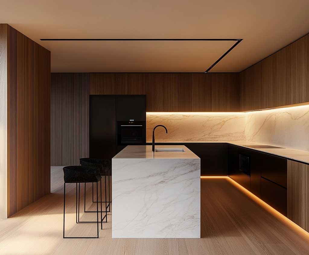 A minimalist kitchen with a small light oak island featuring a polished white marble countertop, paired with sleek black appliances and soft ambient lighting, in a modern open-plan space – photorealistic, high-resolution.