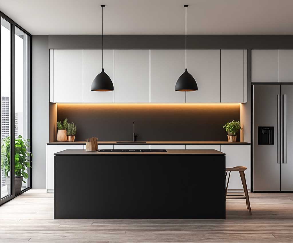 A sleek minimalist kitchen with a compact matte black island featuring clean lines, surrounded by white cabinetry and stainless steel appliances, under soft pendant lighting, in a modern urban apartment setting – photorealistic, high-resolution.