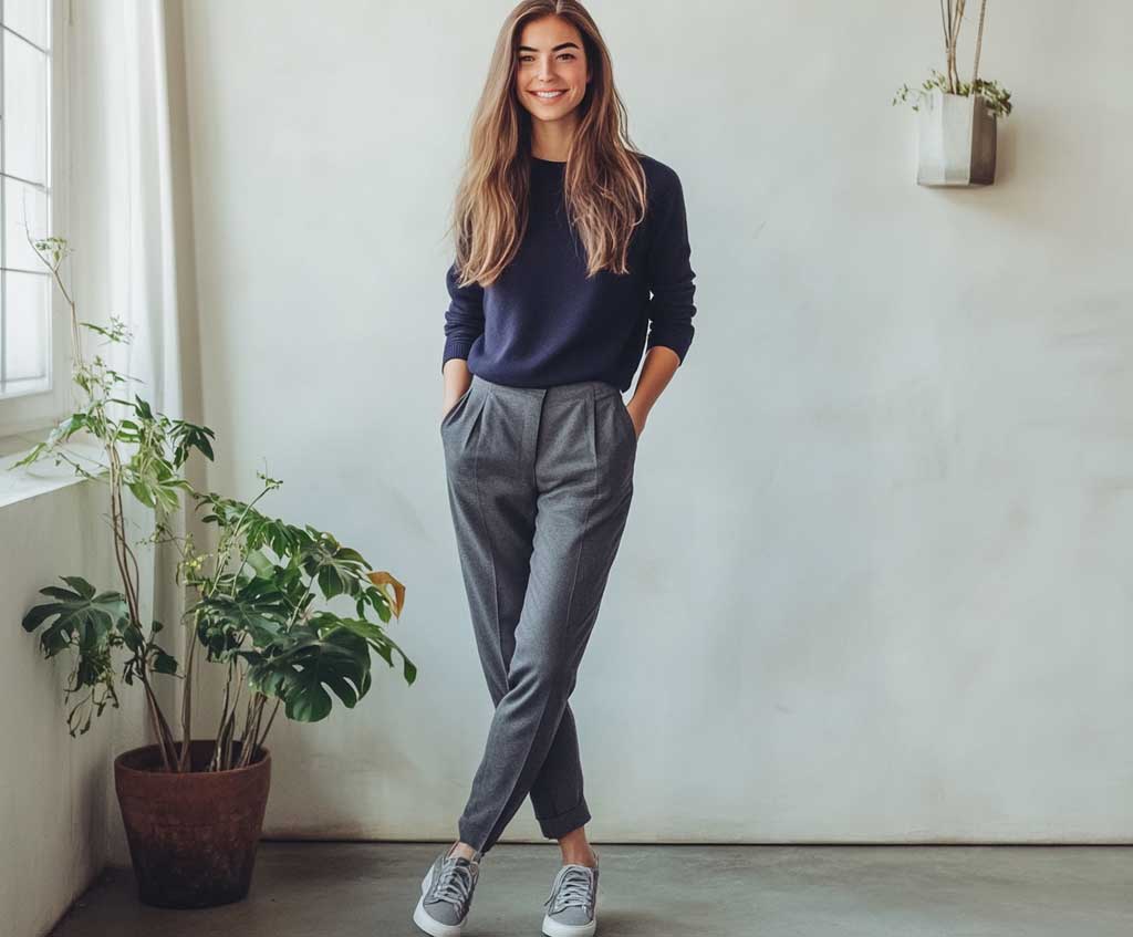 Navy Sweater and Gray Pants for a Relaxed Midweek Look - 6