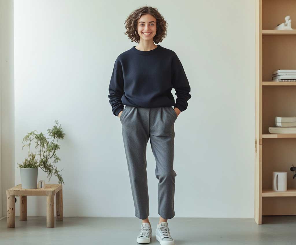 Navy Sweater and Gray Pants for a Relaxed Midweek Look - 7