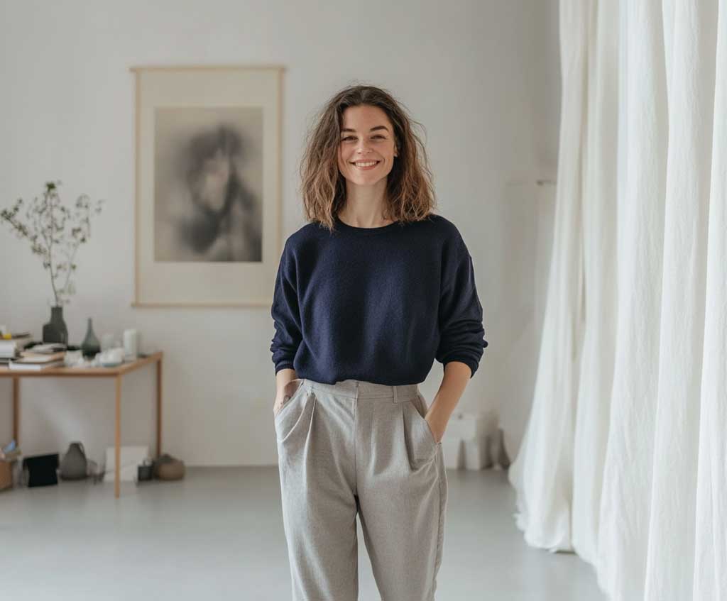 Navy Sweater and Gray Pants for a Relaxed Midweek Look - 5