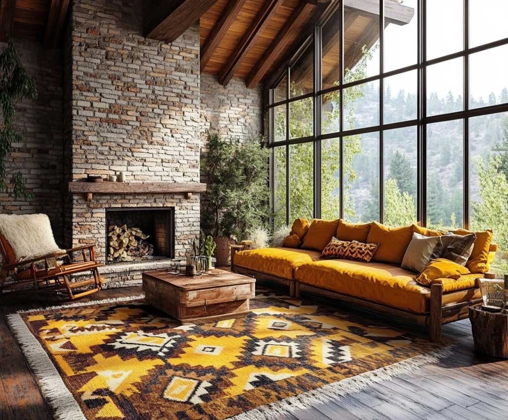 A rustic western living room with exposed brick walls, a large patterned rug in shades of brown and yellow, wooden furniture, a stone fireplace, and sun-dappled windows. The yellow accents in the rug add warmth and brightness to the cozy, earthy tones of the room.
