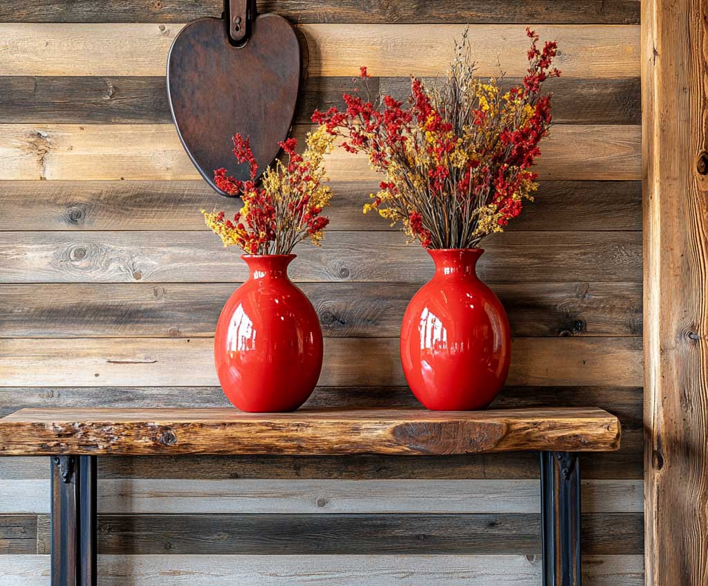 A rustic wooden console table in a western-style entryway, decorated with a pair of bold red ceramic vases. The vases are filled with dried wildflowers and set against a backdrop of reclaimed wood walls and a large horseshoe hanging on the wall. The red vases add a striking, fiery touch to the earthy decor.