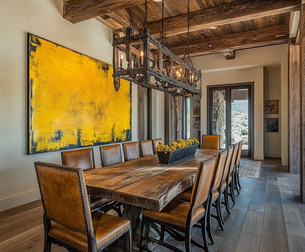 A western-themed dining room featuring rustic wooden beams, a large yellow abstract painting above a raw wood dining table, bronze chandeliers, and leather-backed chairs. The bright yellow art contrasts with the dark woods, creating a vibrant focal point in the room.