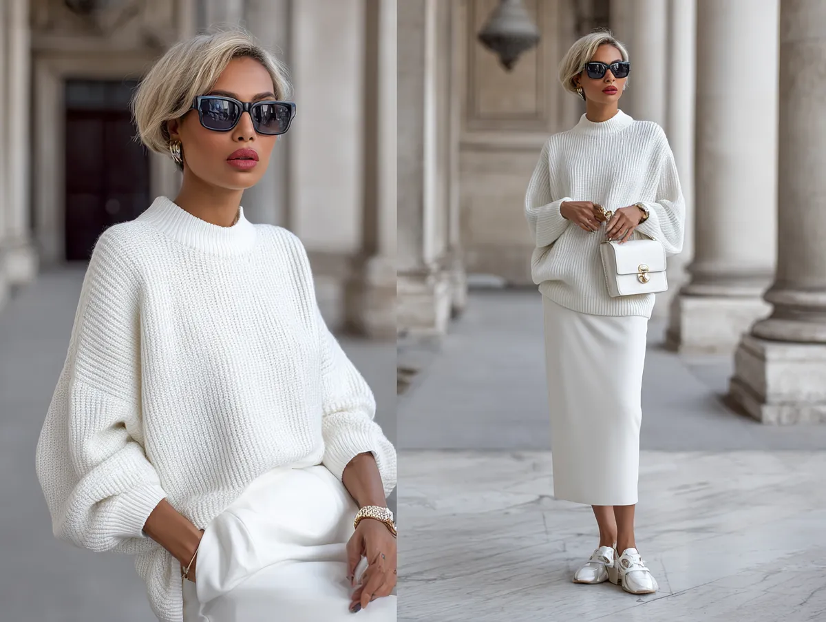 10+ All White Outfit Ideas Featuring Skirts and Knit Sweaters