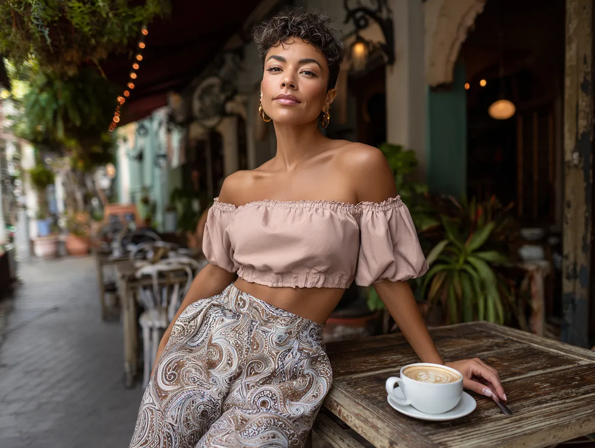 Cropped bardot top paired with paisley boho pants