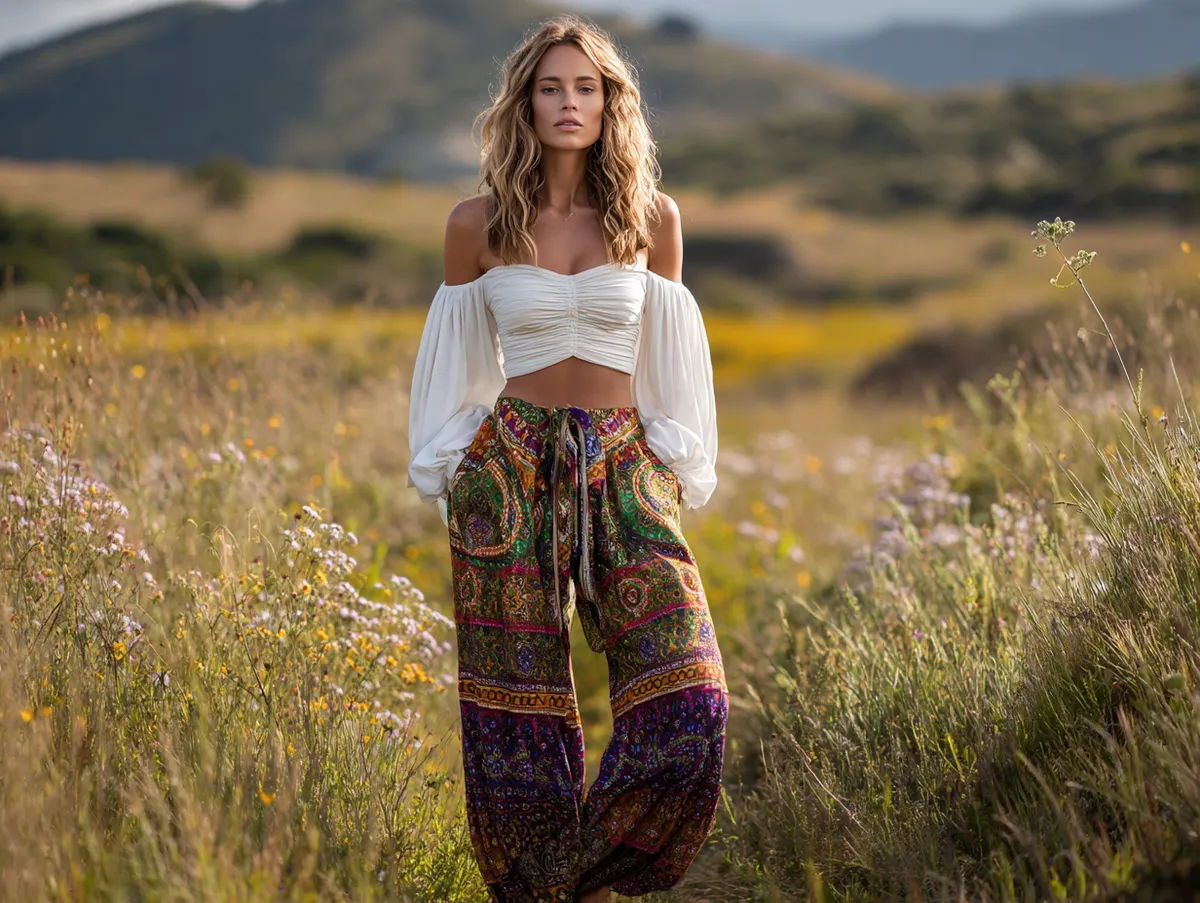 Off-the-shoulder top and tribal-print pants in meadow