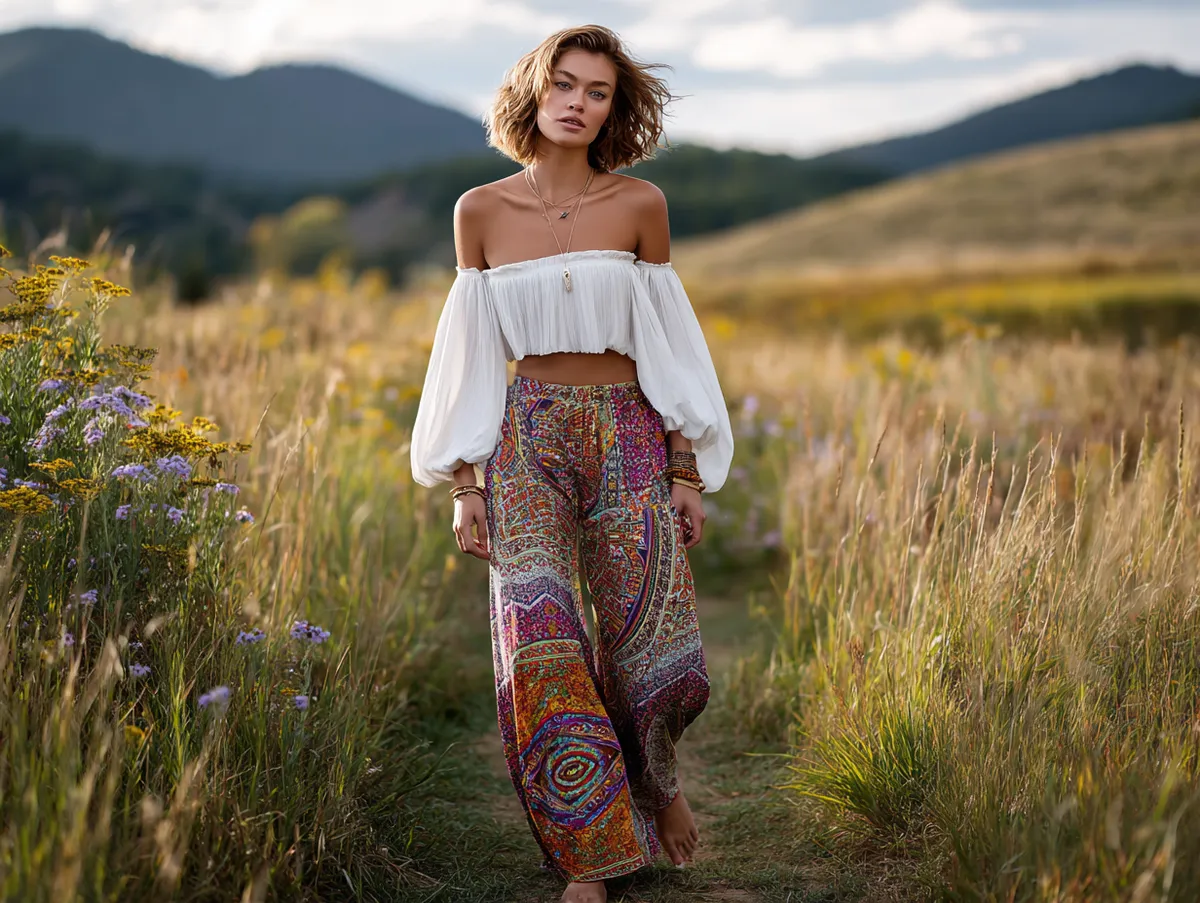 Tribal-print pants with flowing off-shoulder top look