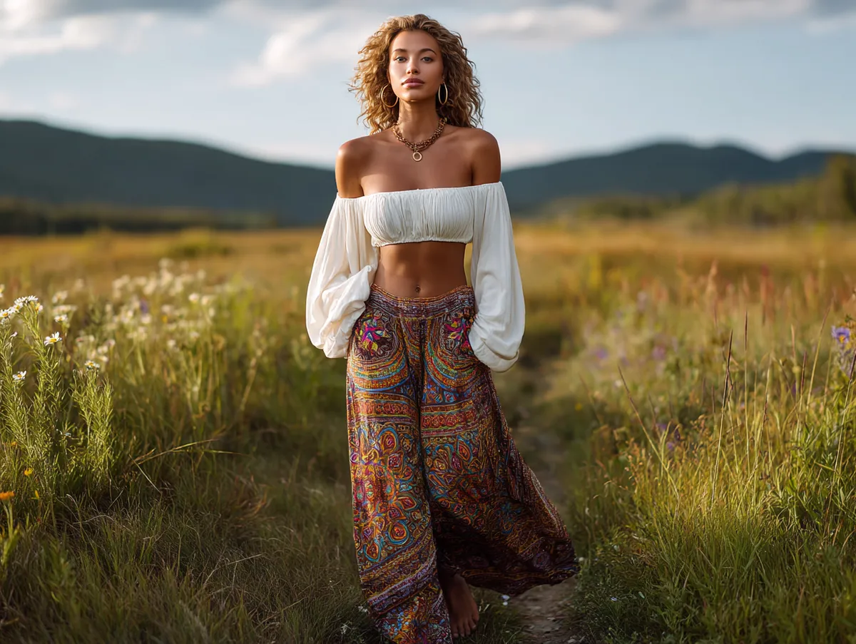 Off-the-shoulder top with tribal-print pants boho outfit