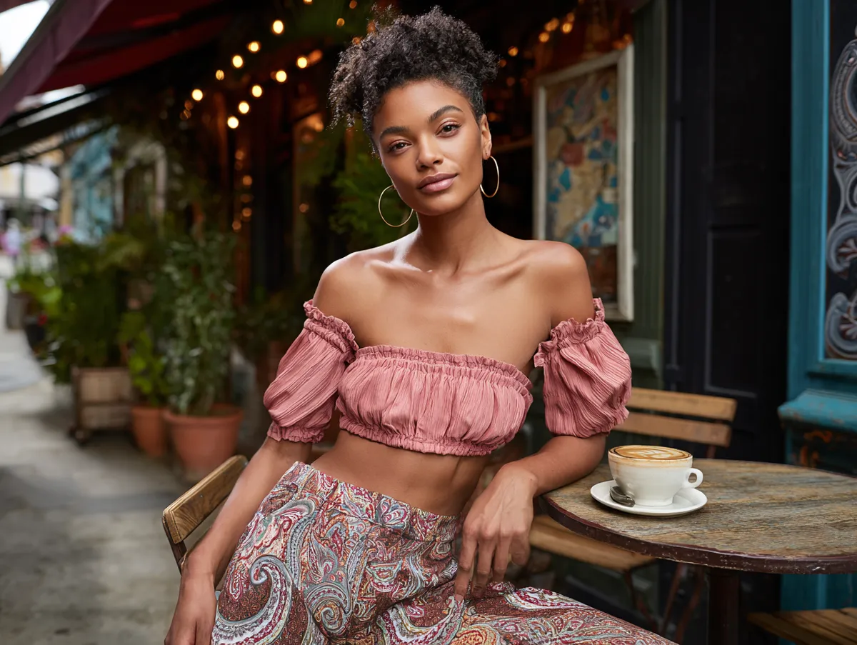 Boho cropped off-the-shoulder top with paisley pants