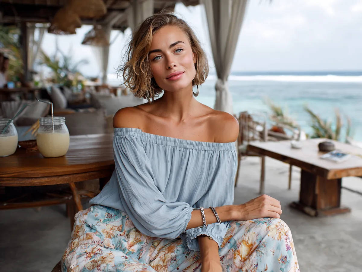 Wide-leg floral pants with off-the-shoulder top beach outfit