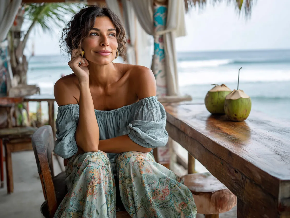 Off-the-shoulder top and wide-leg floral pants boho look