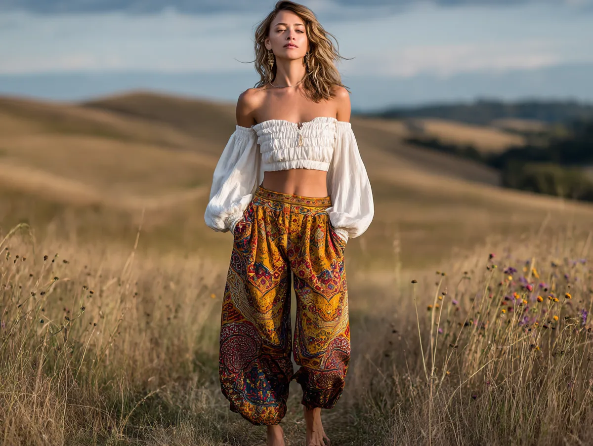 Boho off-the-shoulder top paired with tribal pants
