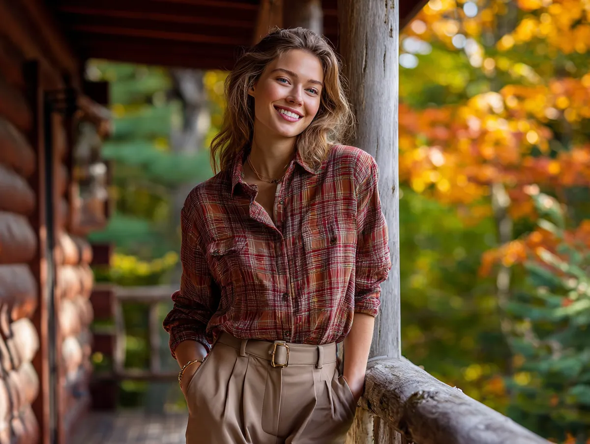 Relaxed flannel outfit featuring warm brown tones and high-waisted trousers for a fall day
