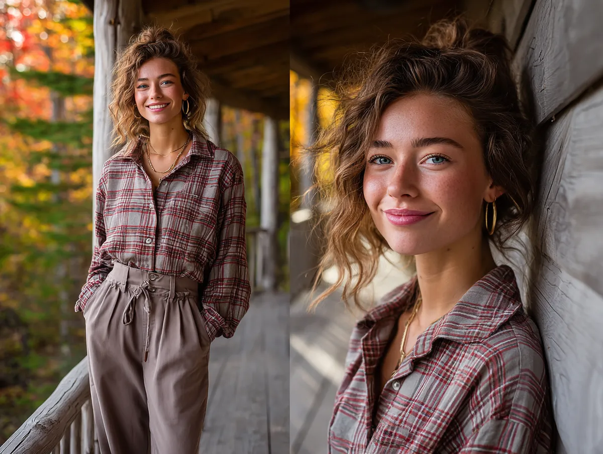 Fall outfit with a red and brown flannel shirt tucked into earth-toned high-waisted trousers
