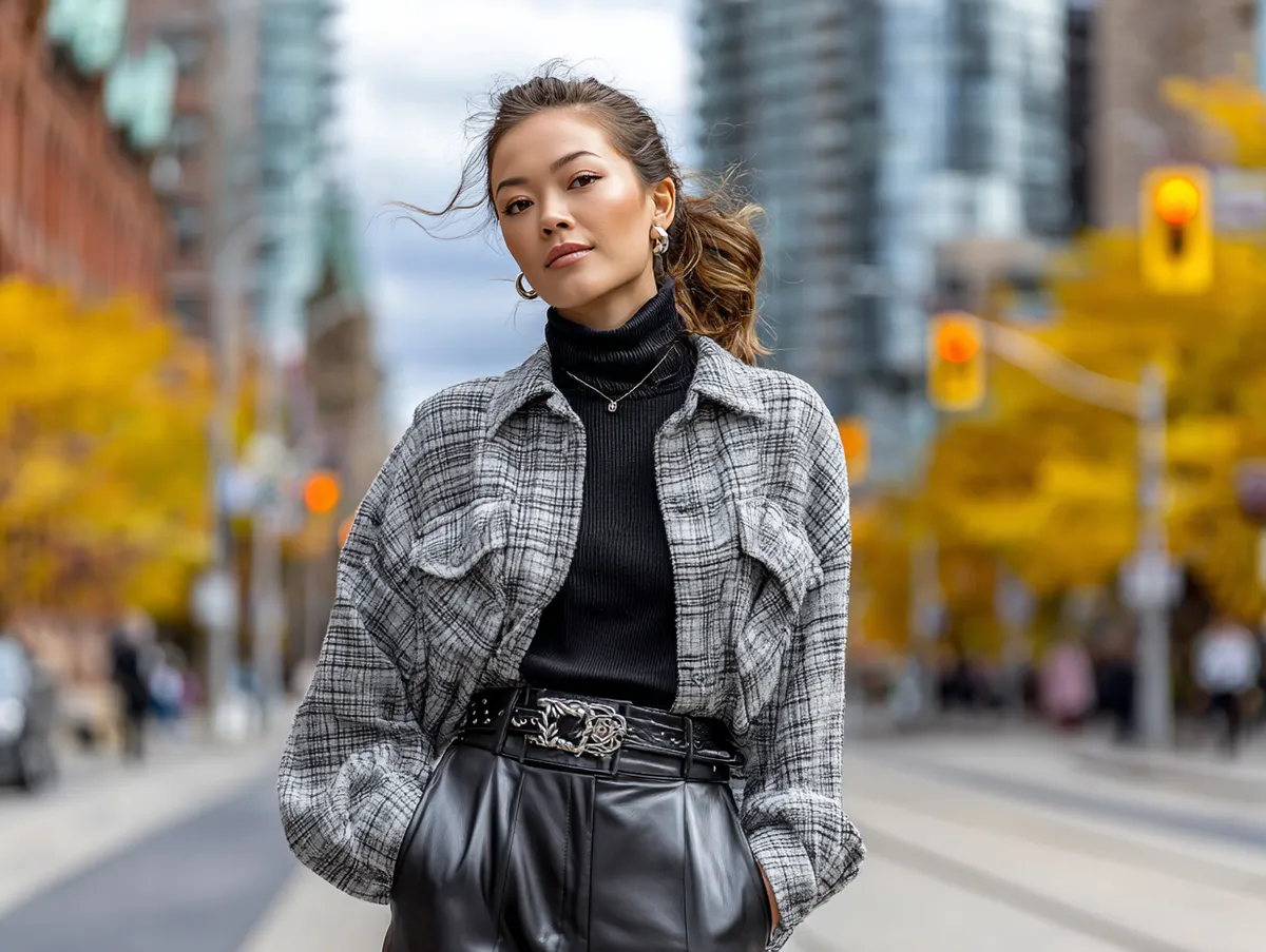 Chic layered flannel outfit with a statement belt and high-waisted trousers in a city setting