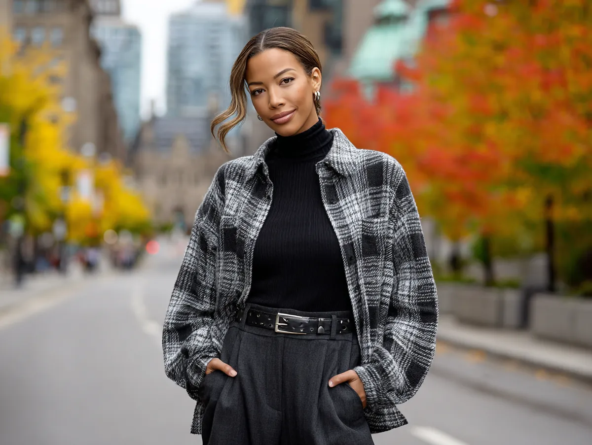Flannel shirt layered with a fitted turtleneck and high-waisted trousers for a city outfit