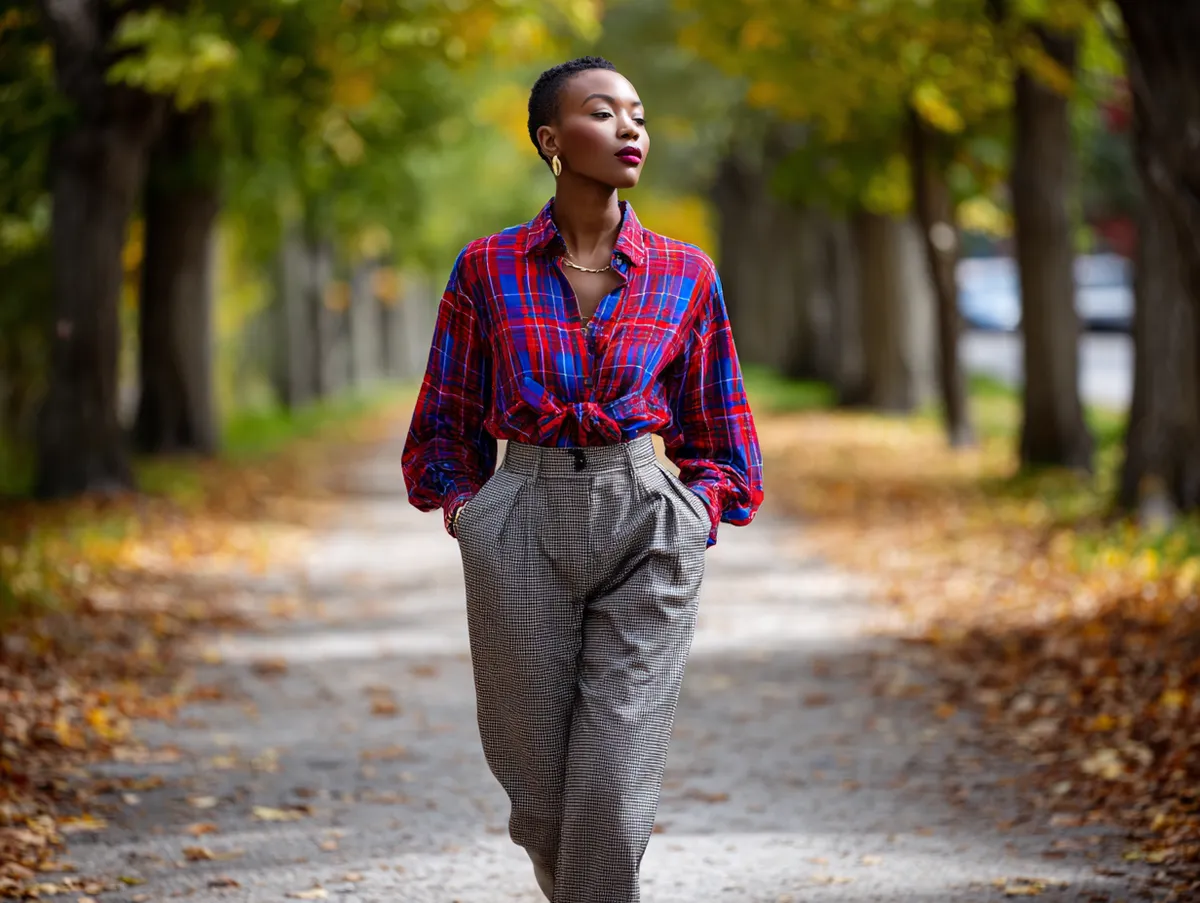 Bold plaid flannel shirt paired with tailored high-waisted trousers for a fall statement