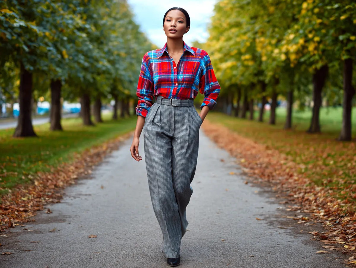 Statement flannel outfit in bright plaid with tailored high-waisted trousers and ankle boots
