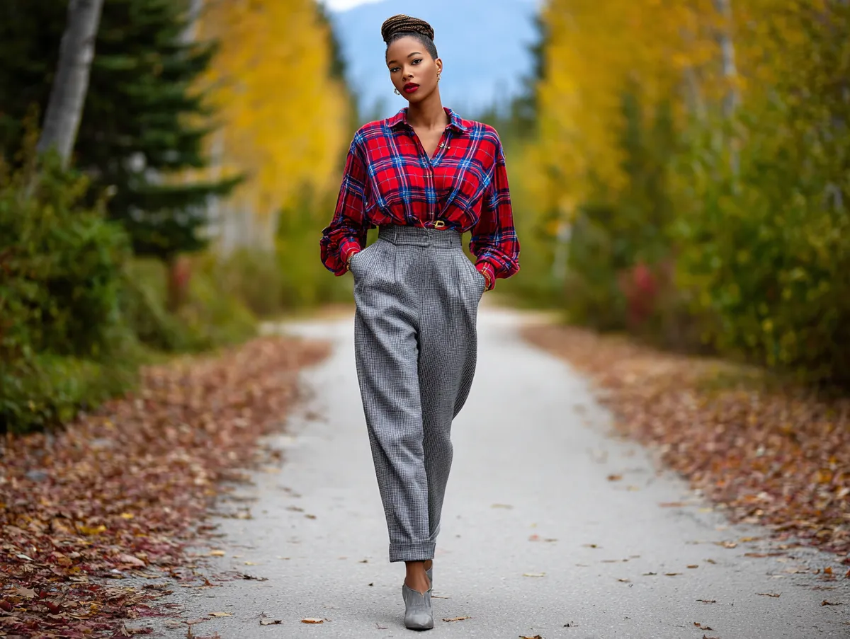 Fashion-forward fall look with a colourful plaid flannel and high-waisted tailored trousers