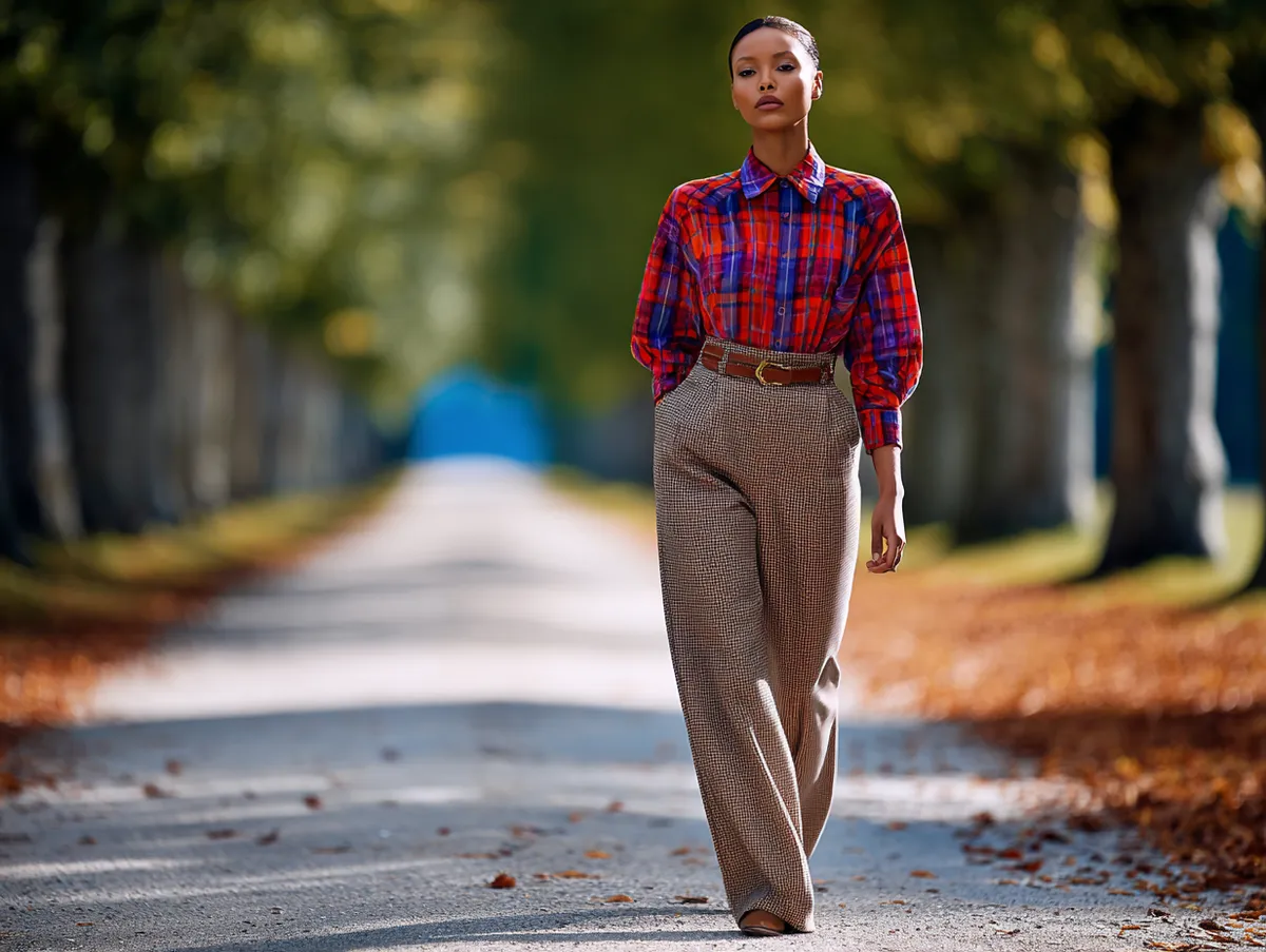 Vibrant red and blue plaid flannel with sleek high-waisted trousers and loafers