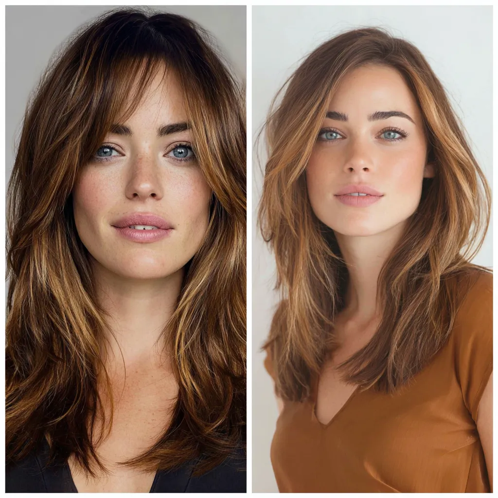 layered haircut with caramel highlights